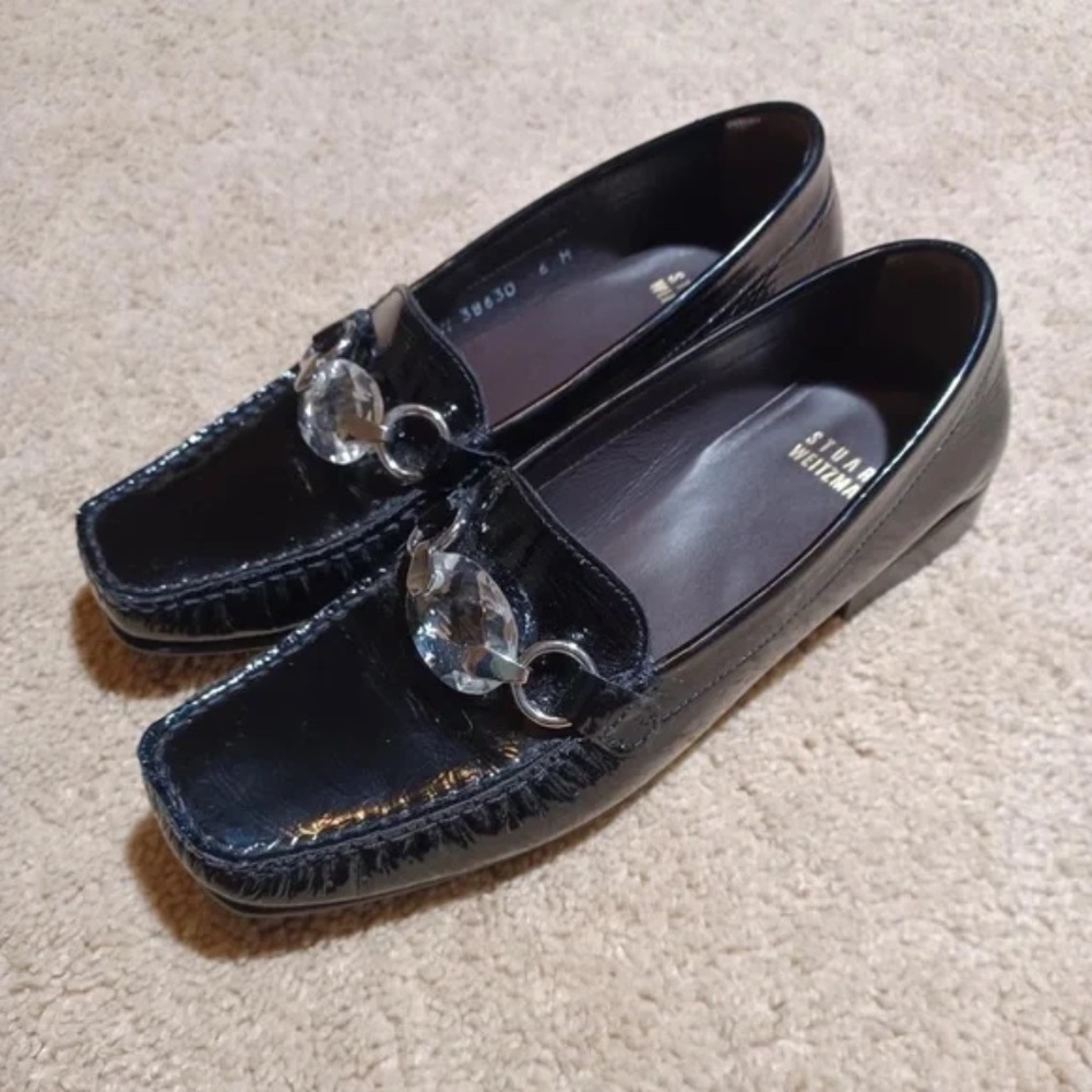 STUART WEITZMAN Black Patent Leather Jeweled Loafers
